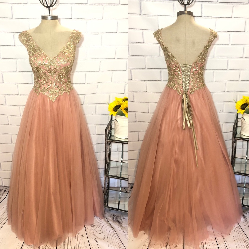 Mon Cheri corset back fit and flare formal gown